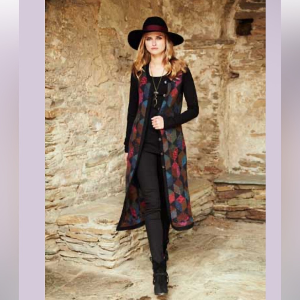 MILLMA BOLIVIA Alpaca Colorful Geometric Print Long Vest Cardigan Duster Flawed
